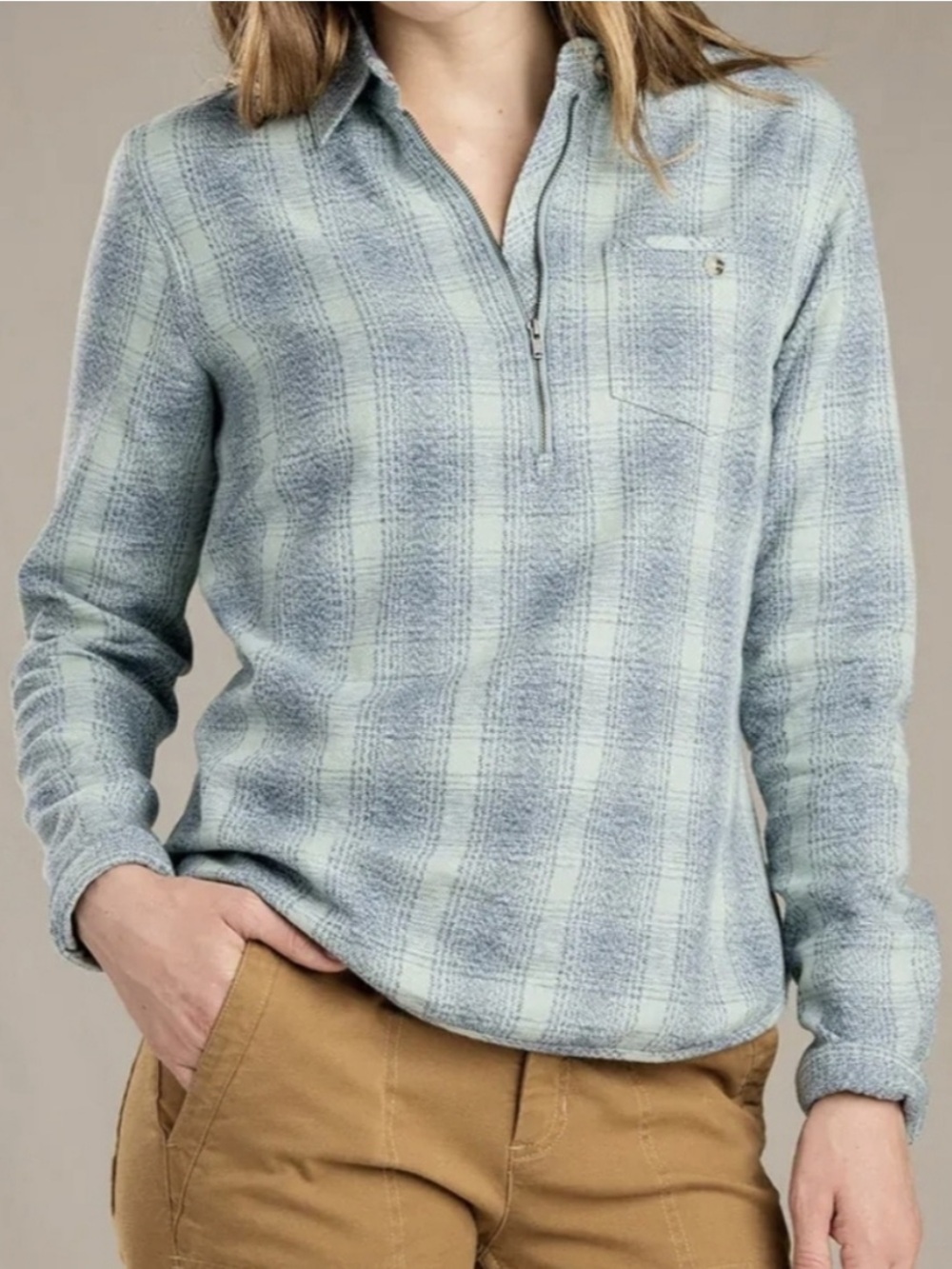 Toad&Co Bodie Dos quarter zip teal blue Plaid flannel pullover